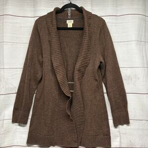 LL Bean Women's XL Brown Open Front Cardigan Shawl Collar Cotton Blend Sweater